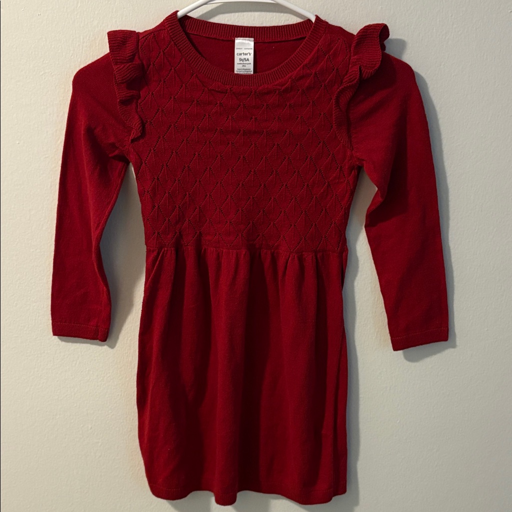 Carter's Girls Red Knit Ruffle-Sleeve Dress
